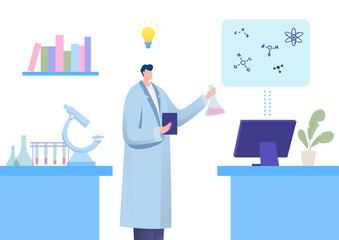 Research scientist laboratory associate, chemical engineer male character hold flask with synthetic liquid flat vector illustration.