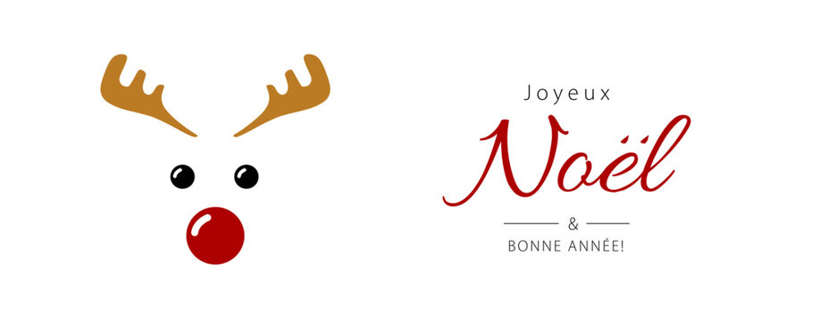 Merry Christmas and Happy New Year lettering in French (Joyeux No&euml;l et Bonne Ann&eacute;e) with reindeer. Christmas banner concept