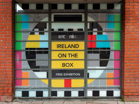 Dublin, Ireland 11.27.2022: Sign Irish TV on the box sign. Free exhibition about main Irish stations.