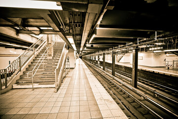 New York City 14th street subway station sepia tone view