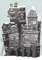 Illustrazione di Città nella neve, inverno, case grigie coperte da una nevicata, bufera di neve tra i palazzi, casette natalizie, cartolina di piccolo borgo coperto di bianco, disegno