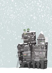 Illustrazione di Città nella neve, inverno, case grigie coperte da una nevicata, bufera di neve tra i palazzi, casette natalizie, cartolina di piccolo borgo coperto di bianco Con ampio spazio per test