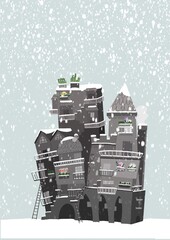 Illustrazione di Città nella neve, inverno, case grigie coperte da una nevicata, bufera di neve tra i palazzi, casette natalizie, cartolina di piccolo borgo coperto di bianco, spazio per scrivere, jpg