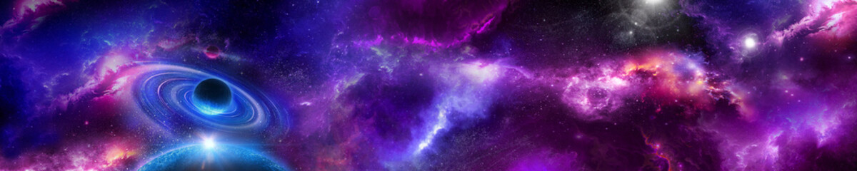 Space scene with planets, Nebula, stars and galaxies. Panorama. Horizontal view for a glass panels (skinali). Template banner
