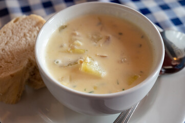 Traditional scottish white cream soup, cullen skink made with smoked paddock fish, Scotland