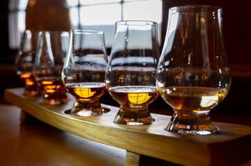 Flight of single malt scotch whisky in glasses served in whiskey bar in Edinburgh, UK