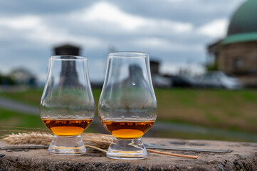 Tasting of single malt scotch whisky in glasses with view from Calton hill to new and old parts of Edinburgh city in rainy day, Scotland, UK
