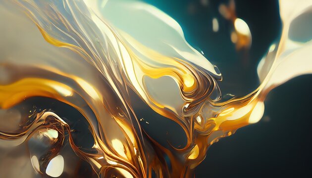 Abstract amber and gold paint splatter background. Fluid shapes, dynamic composition. Design element.
