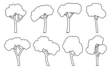 Tree black line set. Coloring book page forest foliage landscape floral element. Different shape botanical park plant. Natural eco garden. Maple oak birch aspen ash contour for stencil stamp cutting