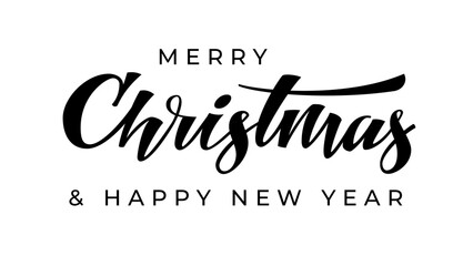 Merry Christmas brush lettering. Happy New Year hand drawn ink pen calligraphy isolated on white. Typography template for winter holiday greeting card, print overlay banner poster flyer Xmas postcard