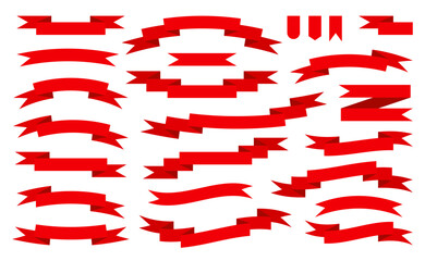 Red ribbon flat set. Blank tape banner for advertising promotion, sale text, heading, title decoration, badge, emblem, frame. Curled, scroll ribbons. Elegant retro flag, background stripe