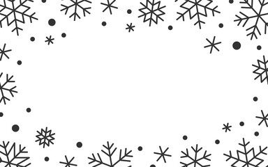 Snowflake winter linear border. Ornate frame with copy space, falling frosty snow flakes on white. Snowy confetti for Xmas card, banner flyer, party event invitation, gift certificate coupon voucher