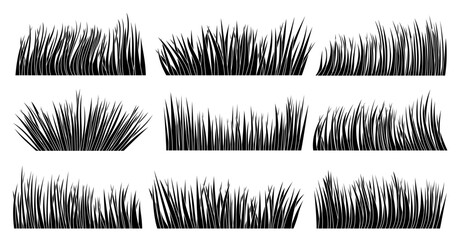 Grass natural organic lawn black silhouette border set. Wide horizontal contour bio herb meadow. Eco plant fresh bush spring herbal turf on white background. Greenery leaves cartoon foliage landscape