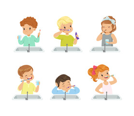 Little Kids Brushing Teeth Standing at Bathroom Wash Stand with Toothbrush and Paste Vector Set