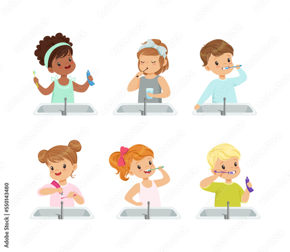 Poster little kids brushing teeth standing at bathroom wash stand with toothbrush and paste vector set