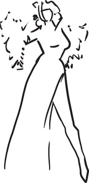 Vector handdrawn sketch fashion illustration with woman in an evening dress and short fur coat. Doodle woman on holiday. The concept of holiday dress, party. Rich luxury life. Stylish dress. Line art.