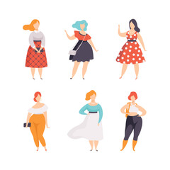 Plump and Plus Size Woman in Fashionable Clothes with Curvy Body Vector Set