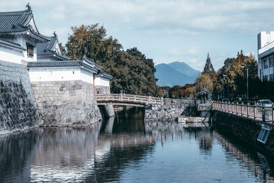 Scenic view of the channal of Sunpu castle with mountainous background in Shizuoka, Japan