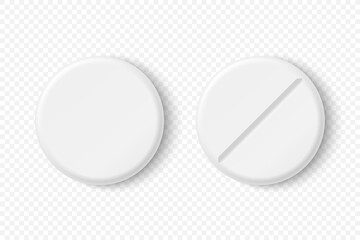 Vector 3d Realistic Round White Pharmaceutical Medical Pill, Capsule, Tablet Icon Set Isolated. Top View. Medical Concept
