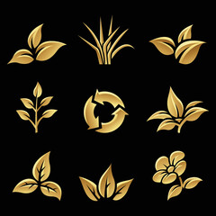 Golden Glossy Leaves on a Black Background