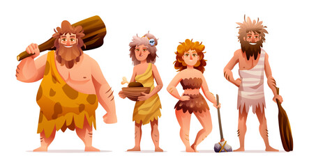 Primitive people characters. Prehistoric stone age caveman set cartoon illustration - obrazy, fototapety, plakaty
