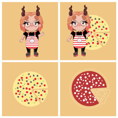 Conjunto de ilustraciones dibujadas a mano de personaje y pizza.