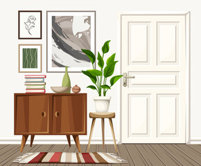 Scandinavian room interior with white walls and door, a dresser, a houseplant, and paintings. Cartoon vector illustration