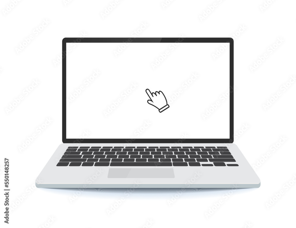 Aufkleber laptop mockup with an arrow on the screen. Laptop computer icon. Display with pointer mouse arrow cursor clicking on computer screen. 