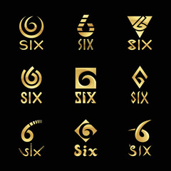 Golden Glossy Number 6 Icons on a Black Background