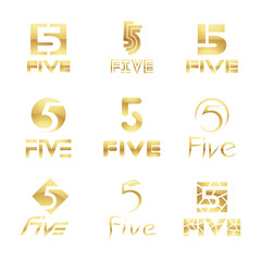 Golden Glossy Number 5 Icons on a White Background
