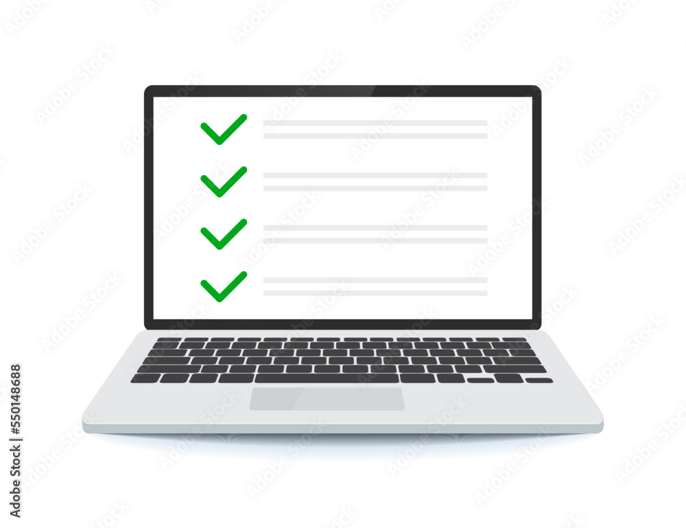 Poster checklist on laptop display, checkboxes with check mark.