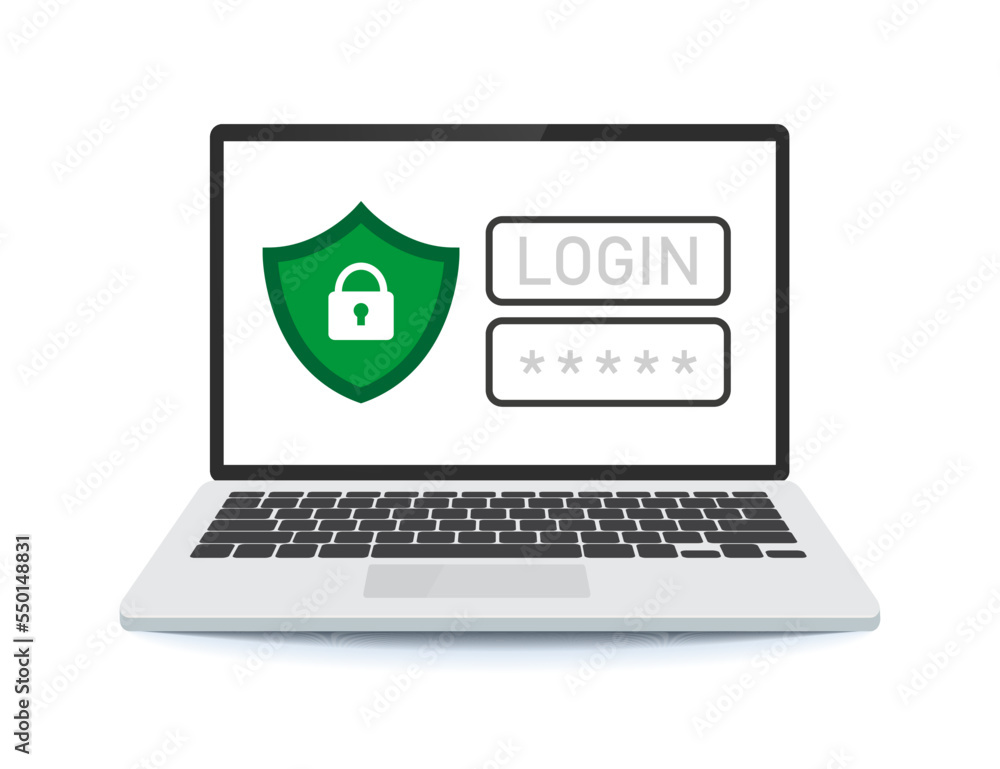 Poster laptop with account login and password form page on screen. login form on laptop screen. login and p