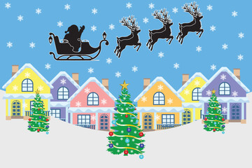 Obraz na płótnie Canvas Christmas background illustration, Christmas atmosphere in the village is snowing, Santa Claus is flying on a sleigh pulled by reindeer