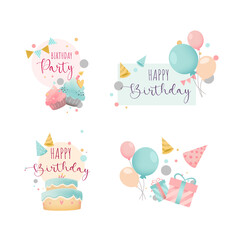 Vector cute colorful set of birthday logo for banner poster and greeting cards. Happy Birthday collection hand drawn style
