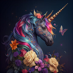 Unicorn with Flowers and Butterflies, Side Profile, AI	