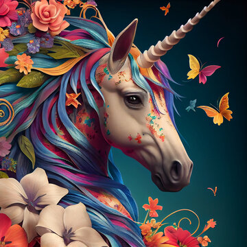 Rainbow Unicorn with Flowers and Butterflies, AI	