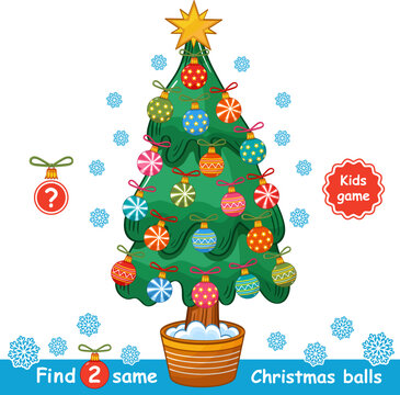 Find two same Christmas balls, glass decorative tree toys picture, education children game. Search identical round New year fir decoration. Holiday bauble. Kid puzzle, logical learning exercise vector