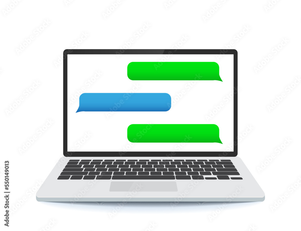 Poster chat messages on computer, laptop with popup chat notifications. vector illustration