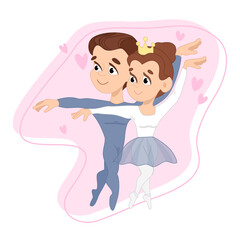 Classic ballet dancers and art concept. Young smiling couple cartoon characters in traditional classical  Characters on a white background. Use for printing, surface design, fashion, baby. Hand drawn 