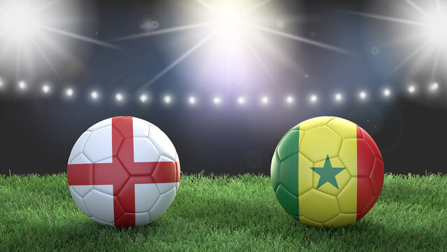Two soccer balls in flags colors on stadium blurred background. England vs Senegal. 3d image