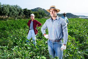 Portrait of caucasian man farmer in straw hat standing on vegetable field during harvest works.