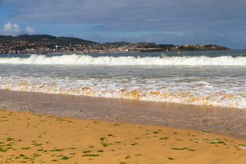 View from Playa America with Bayona in the background, Rías Baixas de Galicia, Spain