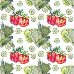 Seamless pattern watercolor green and red vegetable on white background. Dill, leek cucumber cabbage and bell pepper. Hand-drawn greenery for cooking vegetarian salad. Vegan food. Art for cookbook