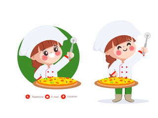 Cute chef cooking food character with pizza menu best quality. Hand drawn cartoon vector illustration.