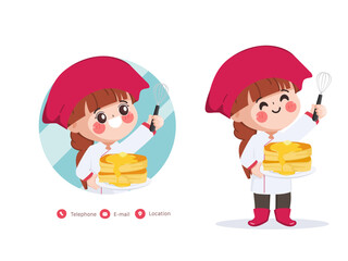 Cute chef character at bakery shop character with pancake best quality. Hand drawn cartoon vector illustration.
