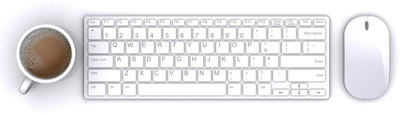 ビジネスデスクのトップビュー、キーボード・コーヒーカップ・マウス