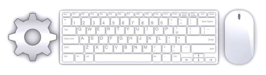 ビジネスデスクのトップビュー、キーボード・設定アイコン・マウス