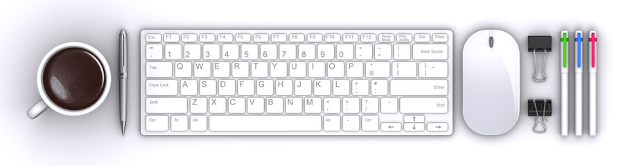 ビジネスデスクのトップビュー、キーボード・マウス・ビジネスグッズ