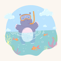 Cute hippo is diving in diving gear, vector illustration