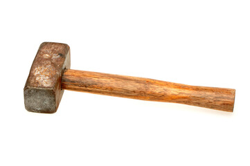 old sledge hammer with wooden handle on a white background